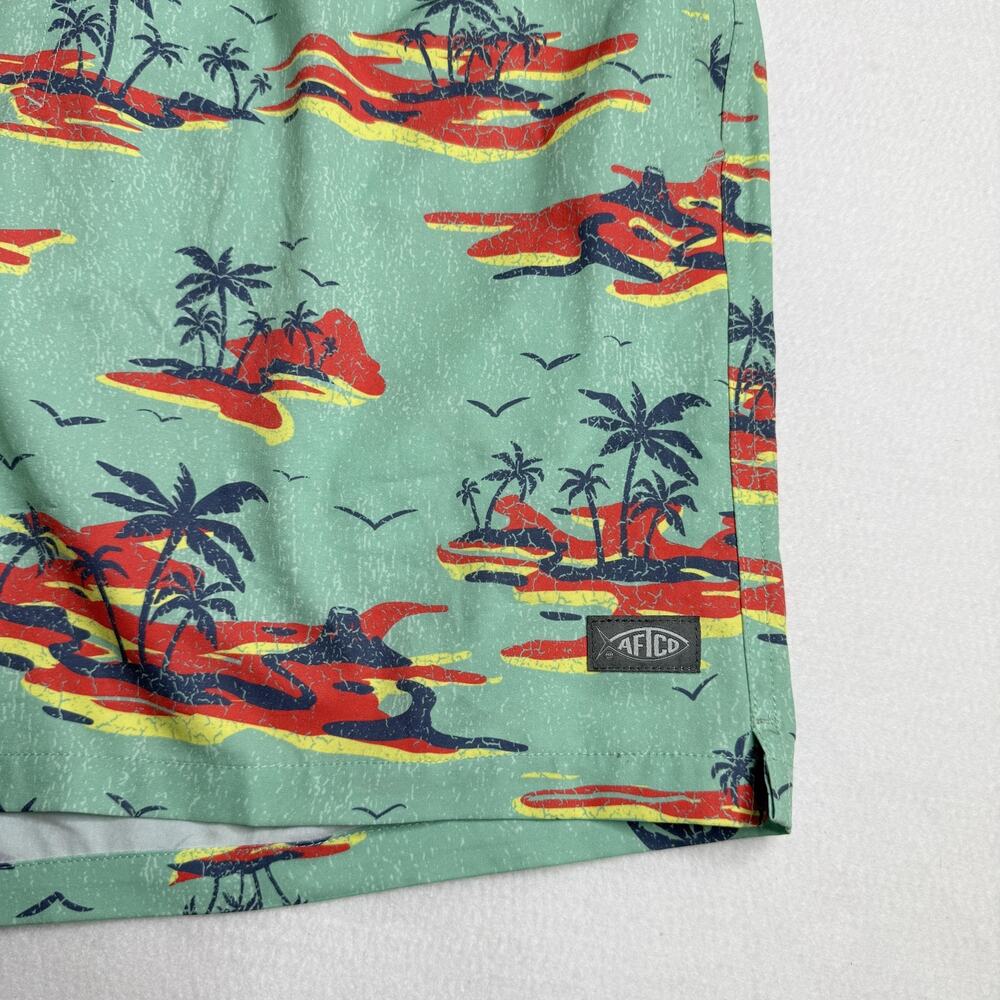 AFTCO Swim Shorts Mens XL Green Tropical Island Lined Quick Dry Drawstring Beach